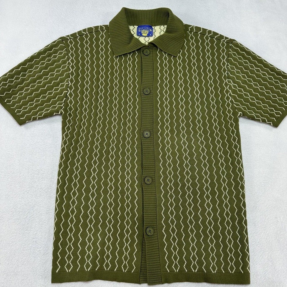 Coney Island Picnic Shirt Mens Small Green Knit Button Front Short Sleeve Zigzag